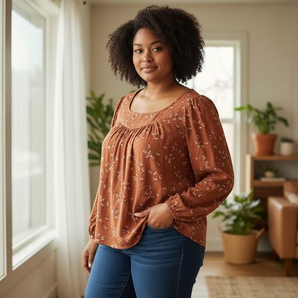 NEW ANA Long Sleeve Tunic Blouse Plus Size 1X Flower Floral Button Up Orange - Picture 1 of 9